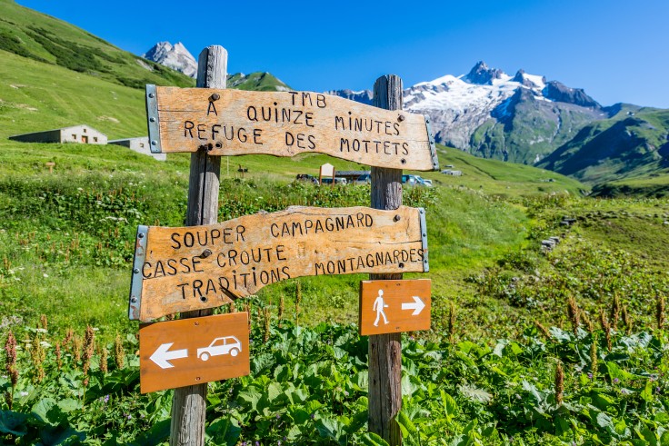 A sign on hiking trails near Mont Blanc, France