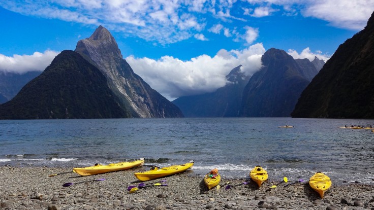 Five yellow kayaks sit on the rocky shore of the Milford Sound in New Zealand with a fjord landscape in the background.